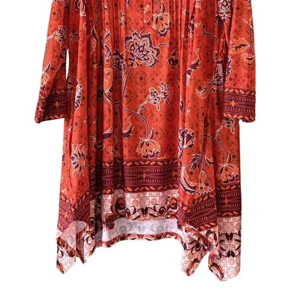 White Mark Floral Tunic Top 1XL 3/4 Sleeve Boho Assymetric Hem Red Orange Womens - Picture 3 of 6